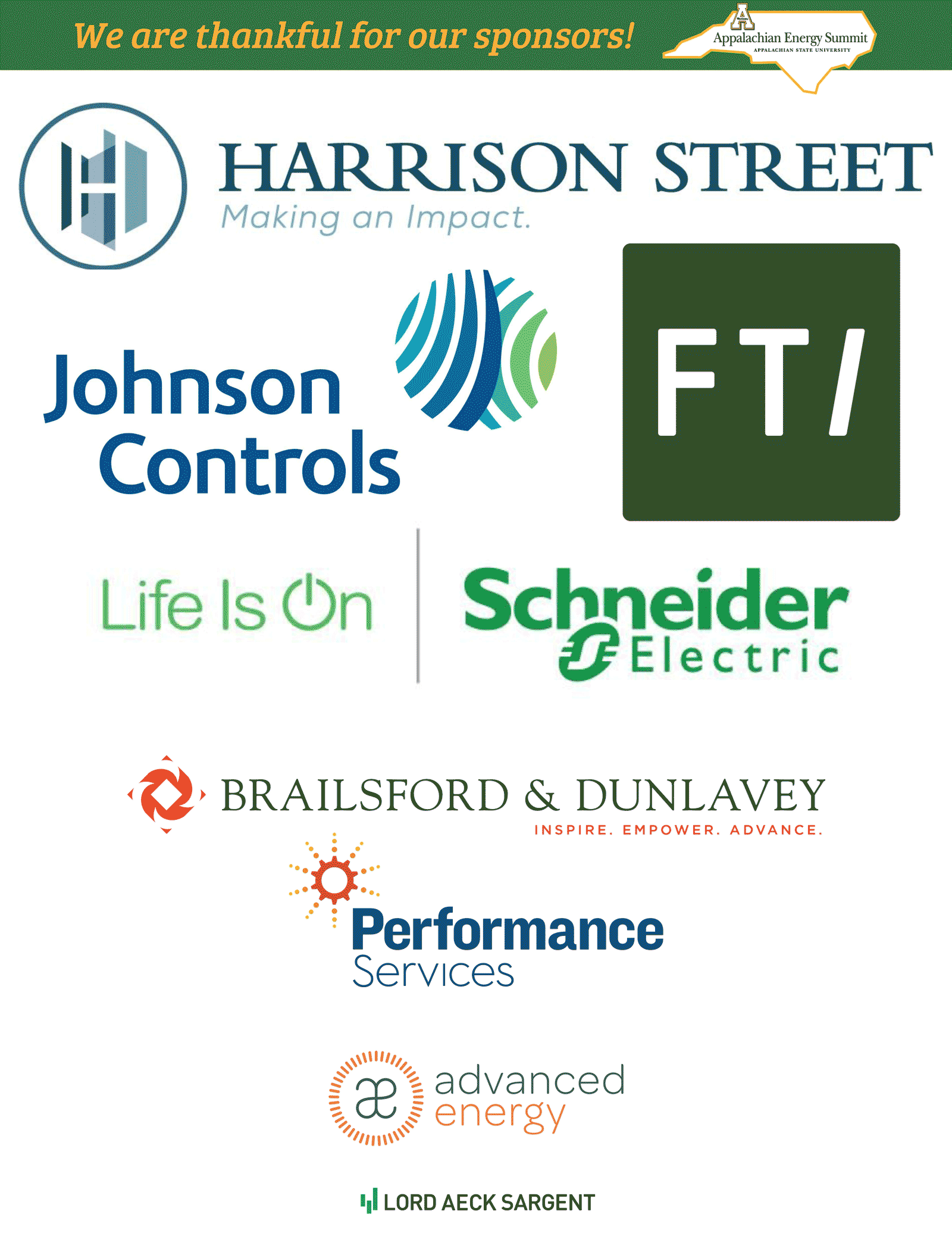 We are thankful for our sponsors! Harrison Street, Johnson Controls, FTI, Life is On, Schneider Electric, Brailsford and Dunlavey, Performance Services, Advanced Energy, Lord Aeck Sargent